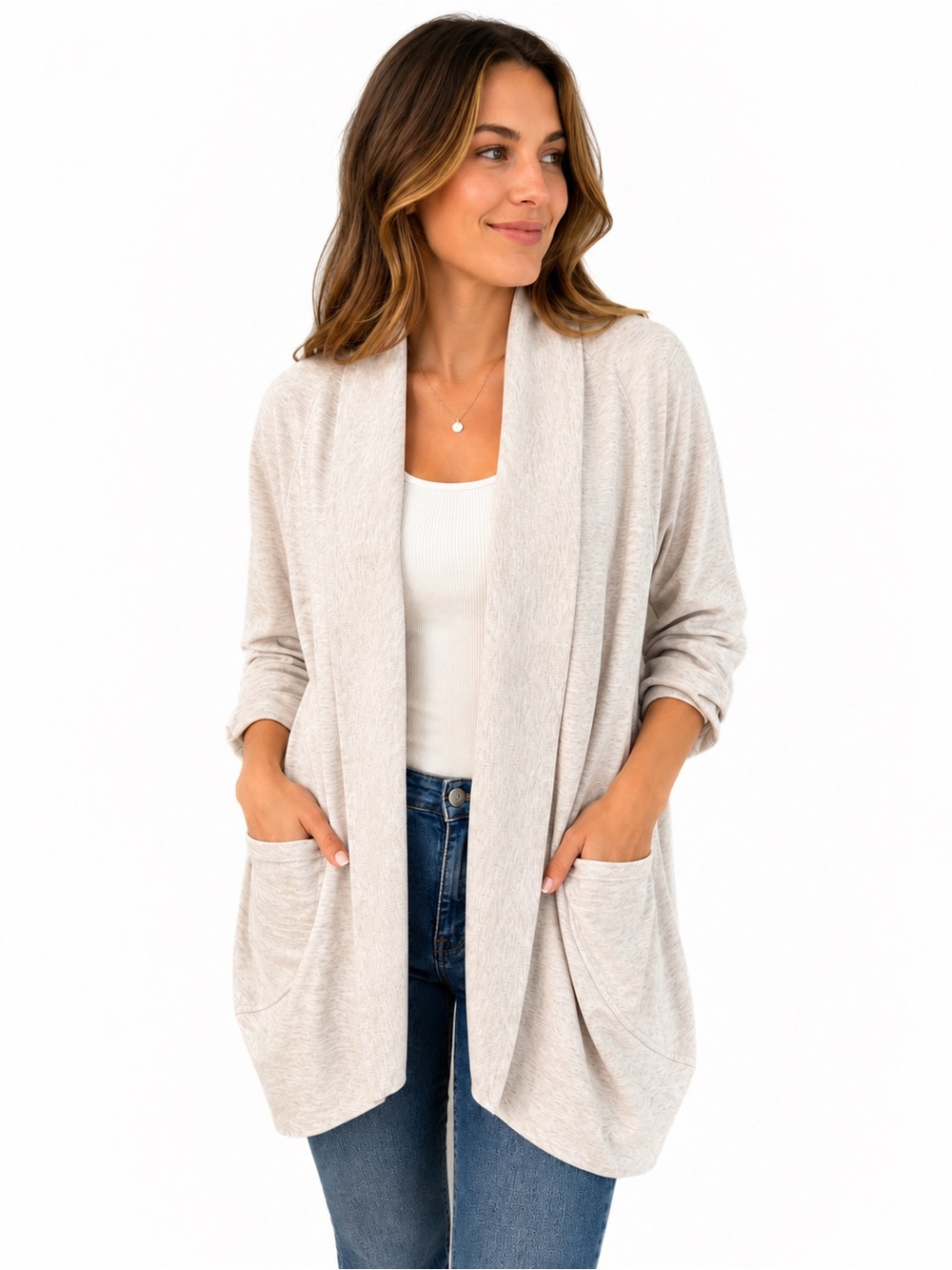 Athleta Light Beige Open-Front Pocket Cardigan